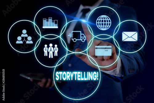 Text sign showing Storytelling. Business photo showcasing activity writing stories for publishing them to public Male human wear formal work suit presenting presentation using smart device