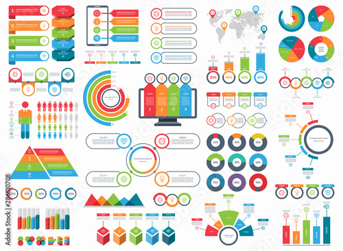Set of infographic elements. Vector collection of diagrams, arrows, circles, timeline templates, pie charts, demographic icons.