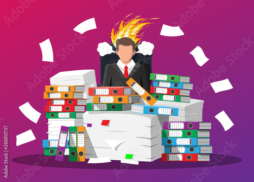 Stressed businessman with hair on fire. Man in pile of office papers and documents. Stress at work, deadline. Overworked. File folders. Carton boxes. Bureaucracy, paperwork. Flat vector illustration