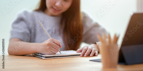 Young businesswoman writing her idea on notebook