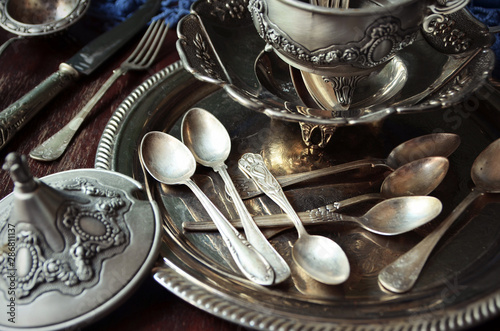 Photography Vintage silverware on the old wooden table