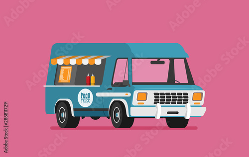 Street food truck vector illustration, food caravan. Burger van delivery. Flat icon