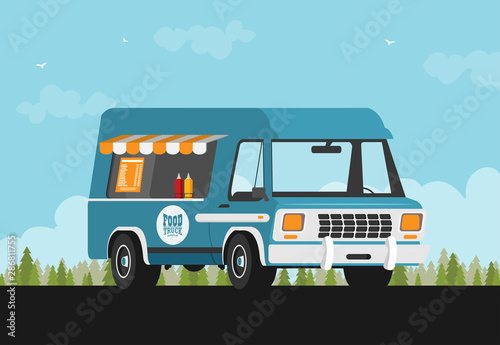 Street food truck vector illustration, food caravan. Burger van delivery. Flat icon