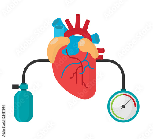 Blood pressure concept with blood pressure meter and heart, vector illustration in flat style