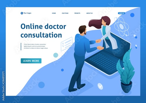 Conclusion of the contract for online consultation of the doctor. Health care concept. 3d isometric. Landing page concepts and web design