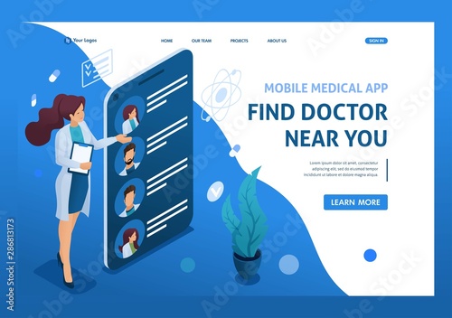 Mobile app to search for doctors nearby with you. Health care concept. 3d isometric. Landing page concepts and web design