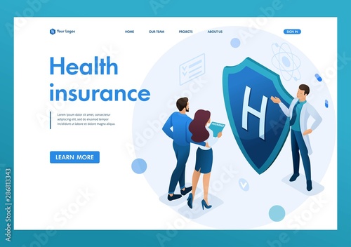 Young doctor offers health insurance to the couple. Concept of health insurance. 3d isometric. Landing page concepts and web design