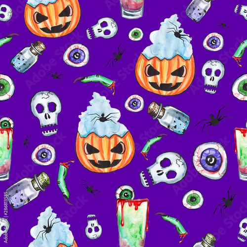 Happy Halloween pattern. Hand drawn, watercolor, halloween party background, pumpkins, poison bottles, skulls, spiders, eyeballs. Design for gift paper, wallpaper, covering design, textile.