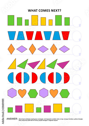 Shapes and colors educational math and logic game. Training sequential pattern recognition skills: What comes next in the sequence? Answer included.