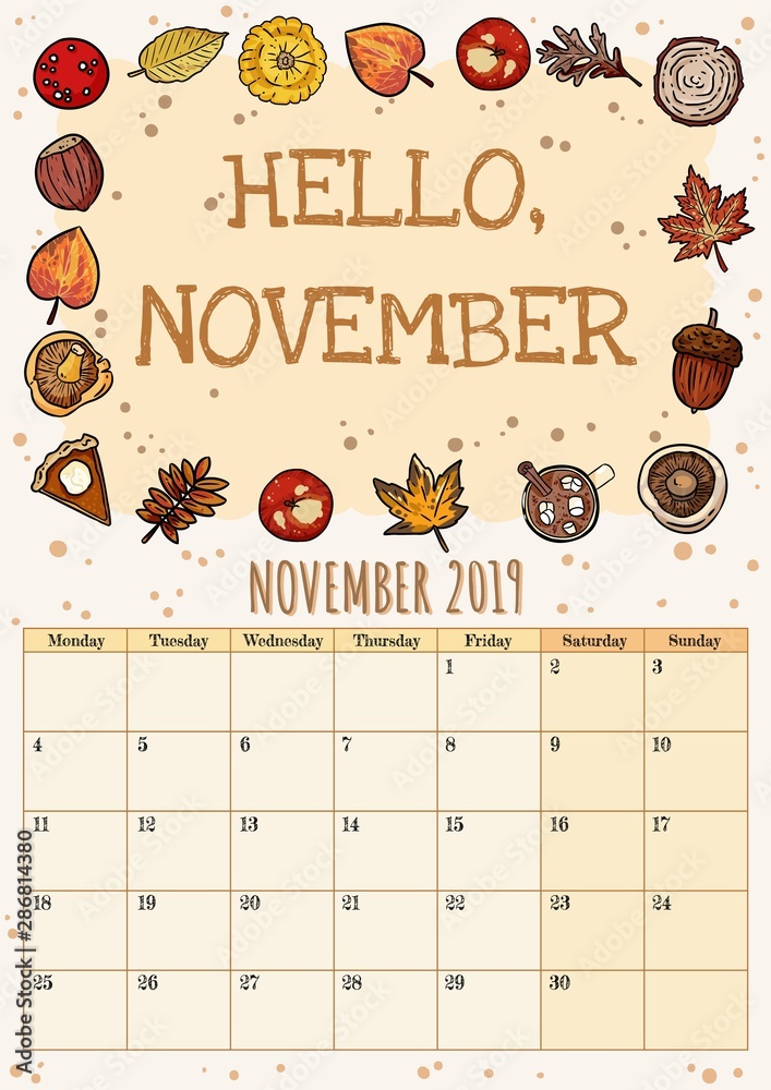 Cute monthly calendar template with cozy autumn - Stock Illustration  [103347230] - PIXTA