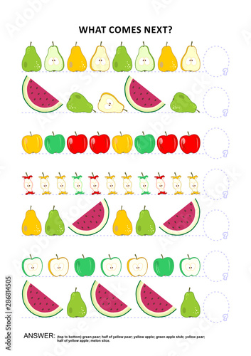 Fruit and berry themed educational logic game training sequential pattern recognition skills: What comes next in the sequence? Answer included.
