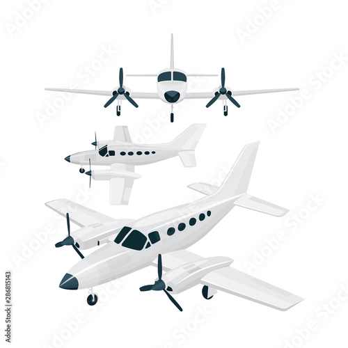 Cessna. Small plane vector illustrations set. Commercial aircraft different view icons. Business jet. 