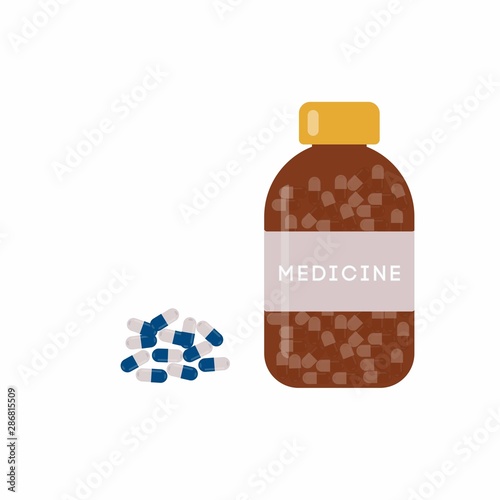 Medicine, pharmacy, hospital set of drugs with labels. Medication, pharmaceutics concept. Vector illustration