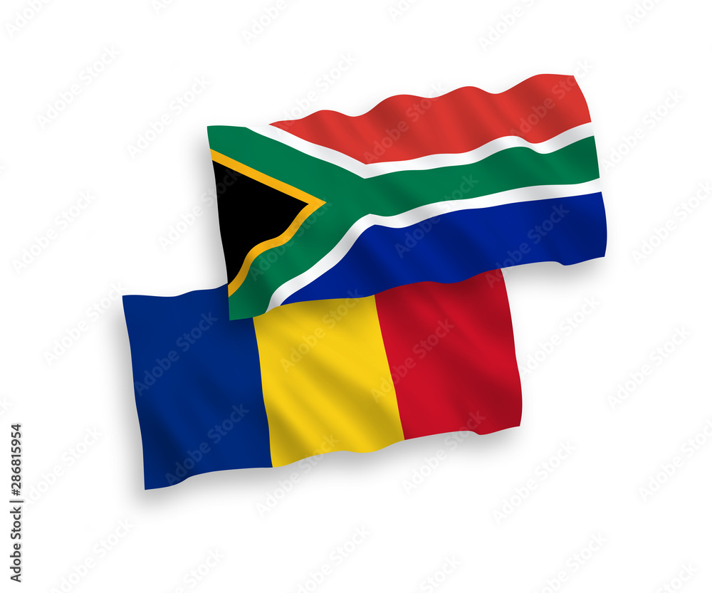 Fototapeta premium National vector fabric wave flags of Romania and Republic of South Africa isolated on white background. 1 to 2 proportion.