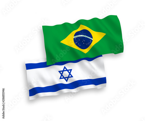 National vector fabric wave flags of Brazil and Israel isolated on white background. 1 to 2 proportion.