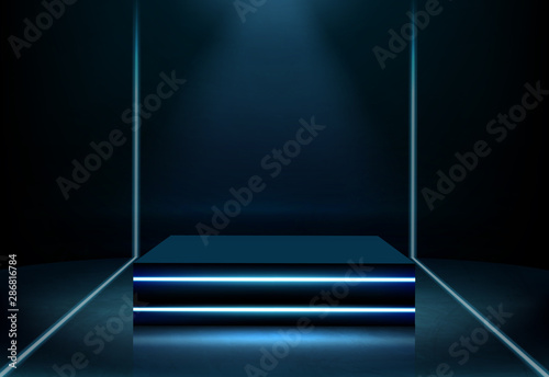 Rectangular performance stage in nightclub, fashion show podium, platform for product presentation illuminated in darkness with searchlight beam and neon light lines 3d realistic vector illustration