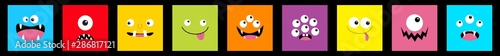 Monster head line icon set. Square head. Boo Spooky Screaming smiling sad face emotion. Three eyes, tongue, teeth fang, mouse. Happy Halloween card. Flat design style. Black background.