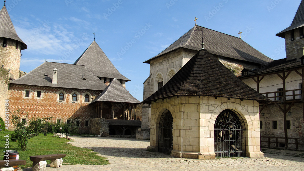 Fototapeta premium the courtyard of Khotyn fortress (fortification complex located on the right bank of the Dniester River in Khotyn, Chernivtsi Oblast (province) of western Ukraine). 06.08.2019