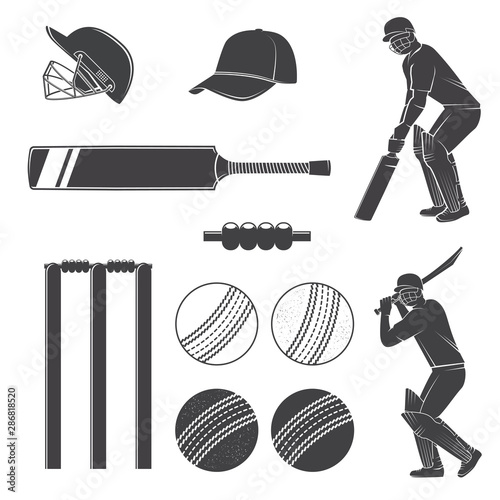 Set of cricket equipment silhouette icons. Vector. Set include bat, wicket, bail, helmet, ball and batsmans. Equipment icons for cricket sport activity.