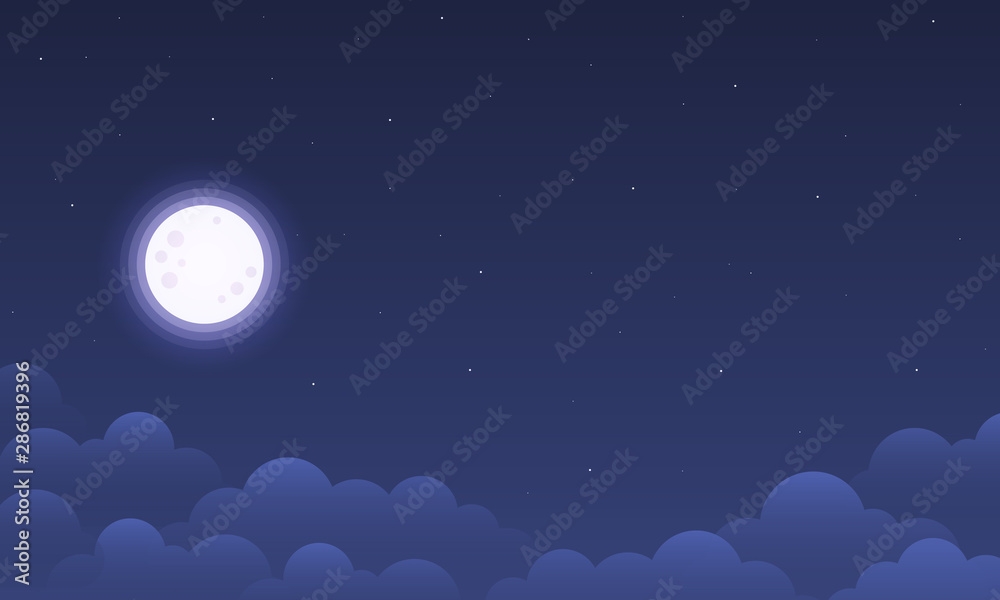 Vector night sky clouds stars. Flat clean style. Background design