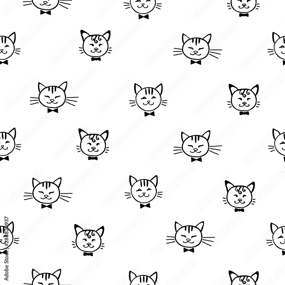 Obraz premium Seamless pattern with face of cats on white background. Hand drawn. The silhouette of the animal. Wallpaper and fabric design and decor. Doodles texture print illustration for kids, girls 