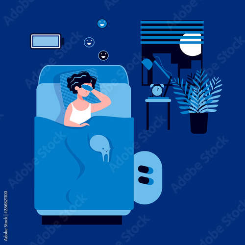 Happy woman sleeping in the bedroom at night with a fully charged battery and sleeping mask. Good healthy sleep concept. Sweet dreams. Good work of biological rhythms. Flat vector illustration. 