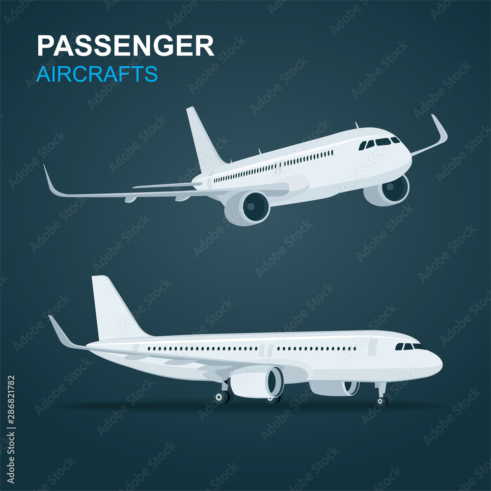 Airplane. Passenger aircraft vector illustrations set. Aircraft isometric graphic. Part of set.