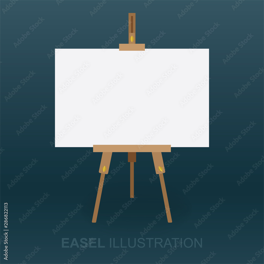 Easel and canvas. Wooden easel and white canvas vector illustration. Front view of easel with blank canvas for painting. Part of set.