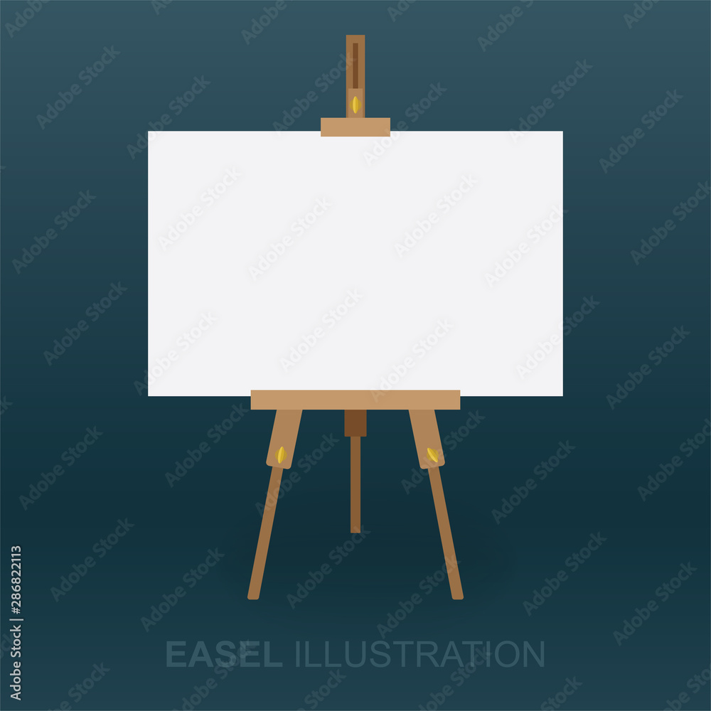 Easel and canvas. Wooden easel and white canvas vector illustration. Front view of easel with blank canvas for painting. Part of set. Easel and canvas. Wooden easel and white canvas vector illustration. Front view of easel with blank canvas for painting. Part of set.