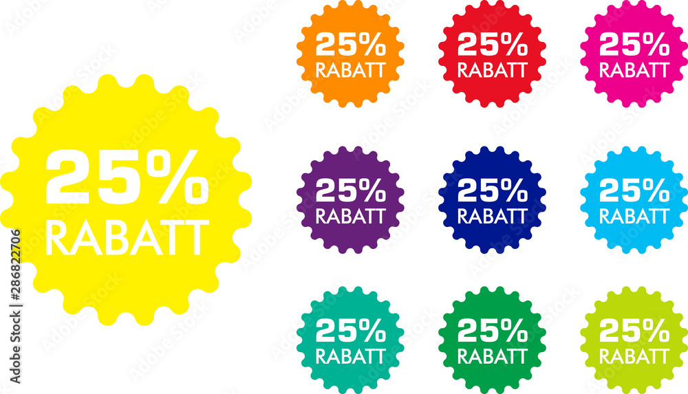25% Rabatt Button Icon Farbig Stern Zahnrad Rund Gelb Rot Magenta Lila Violett Blau Cyan Türkis Grün Limette