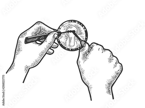 Hands pick lock with Lock picking tools sketch engraving vector illustration. Tee shirt apparel print design. Scratch board style imitation. Hand drawn image.