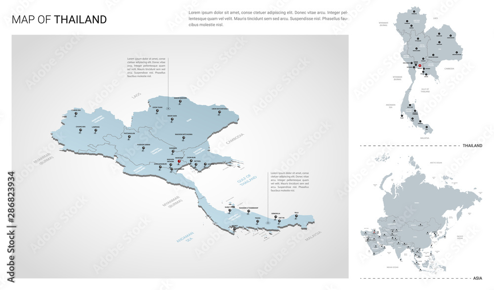 Vector set of Thailand country.  Isometric 3d map, Thailand map, Asia map - with region, state names and city names.