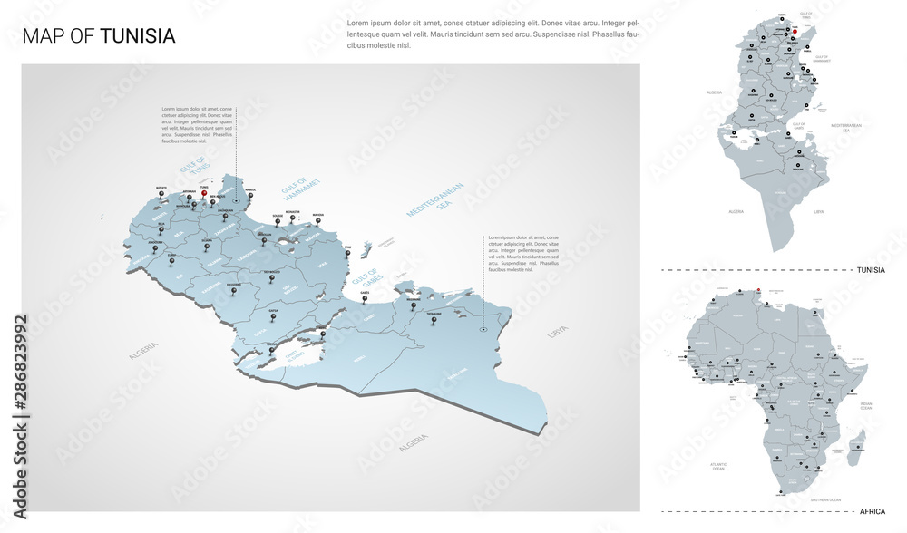 Vector set of Tunisia country.  Isometric 3d map, Tunisia map, Africa map - with region, state names and city names.
