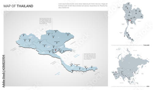 Vector set of Thailand country. Isometric 3d map, Thailand map, Asia map - with region, state names and city names.
