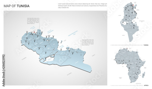 Vector set of Tunisia country. Isometric 3d map, Tunisia map, Africa map - with region, state names and city names.