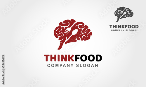Think Food Vector Logo Template. A creative and unique logo design featuring human brain with spoon and fork. This logo can be easily resize and colors can be changed to fit your project.