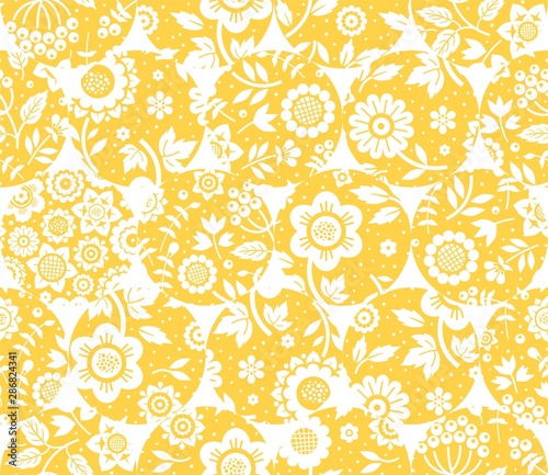Floral white pattern, seamless, yellow circles, white background, flat, vector. Floral white pattern, seamless, yellow circles, white background, flat, vector 