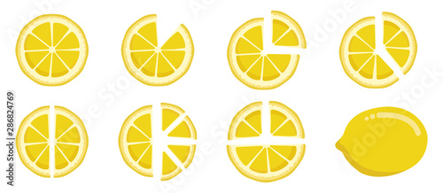Vitamin C. Set of vector isolated elements. Bright fresh ripe juicy whole and cut lemon and slices isolated on white background. Clip art for your design