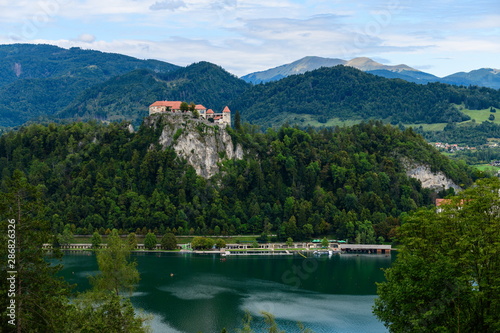Landscape with lake Bled and a medieval castle.