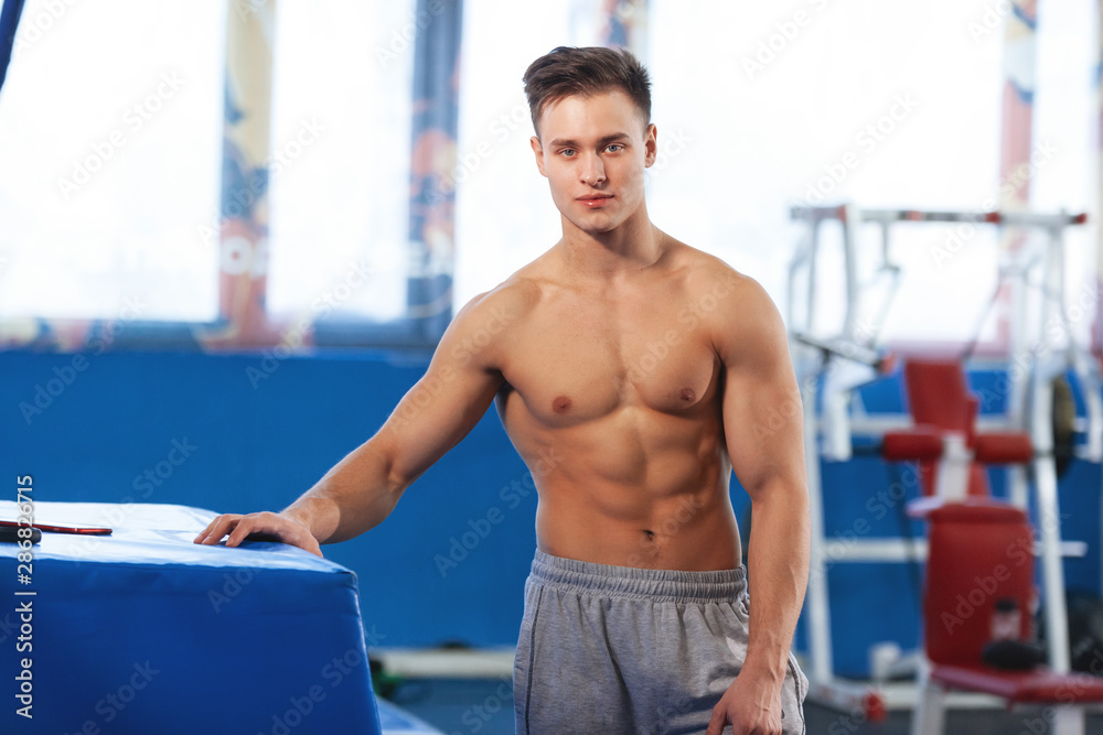 Obraz premium Muscular model young man exercising in gym. Portrait of sporty strong muscle. Fitness trainer. Sport workout bodybuilding motivation concept. Sexy naked torso, six pack abs. Male flexing his muscles.