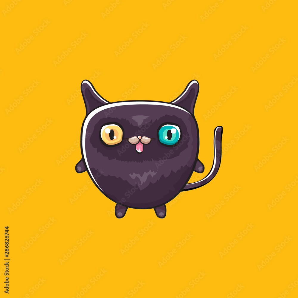 cute black halloween cat isolated on orange background. Cartoon happy black witch kitten with big eyes