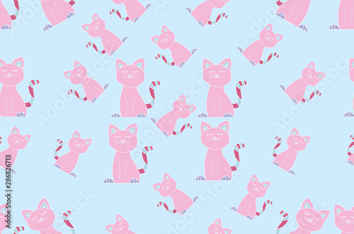 Seamless pink cat pattern on pastel blue background.