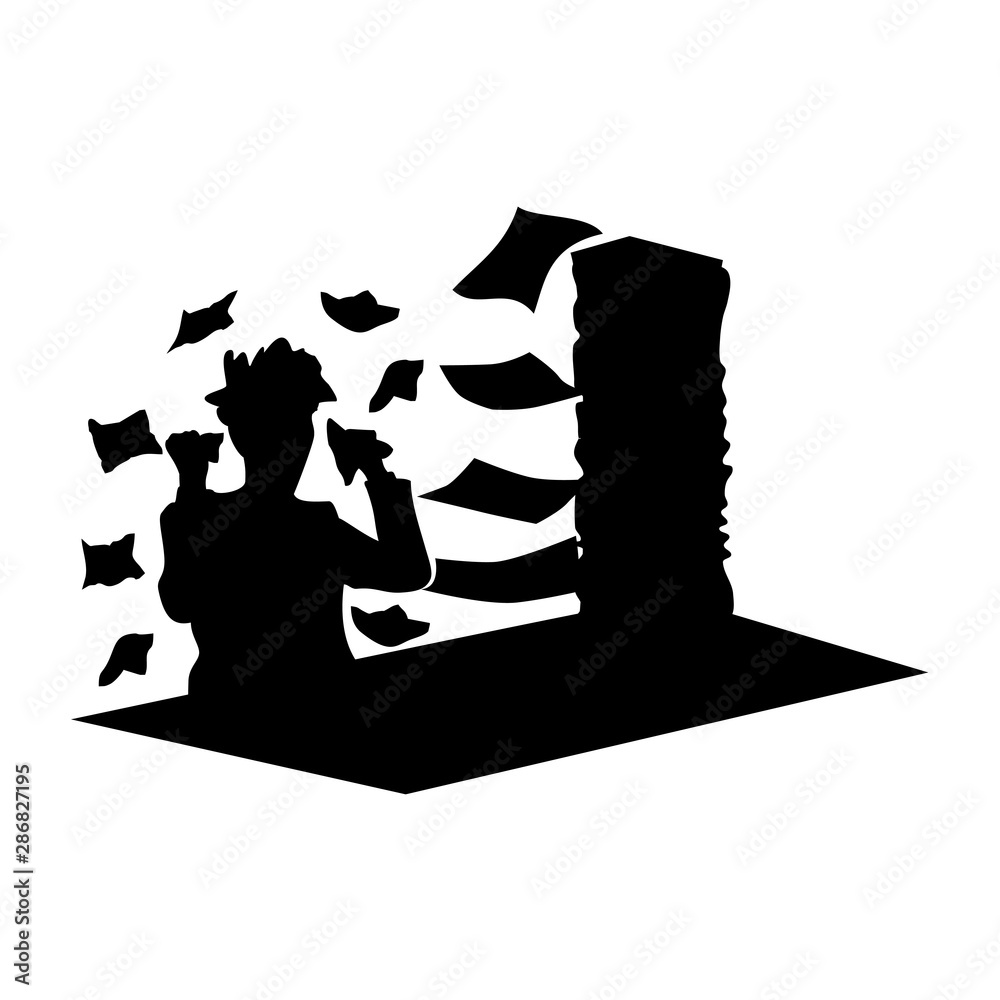 Black and white silhouette of a man who is tired of working with papers. Concept of heavy office or creative work, vector clipart of the business stress Black and white silhouette of a man who is tired of working with papers. Concept of heavy office or creative work, vector clipart of the business stress