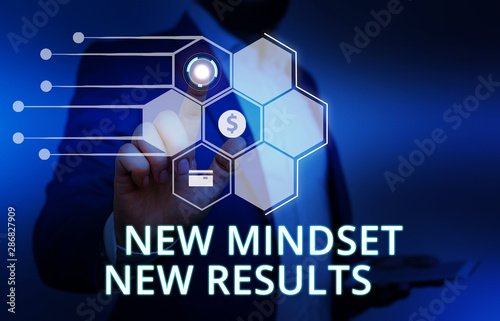 Word writing text New Mindset New Results. Business photo showcasing obstacles are opportunities to reach achievement Male human wear formal work suit presenting presentation using smart device