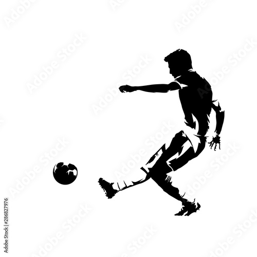 Soccer player kicking ball and scoring goal, abstract ink drawing vector silhouette. Isolated footballer, side view, comic style