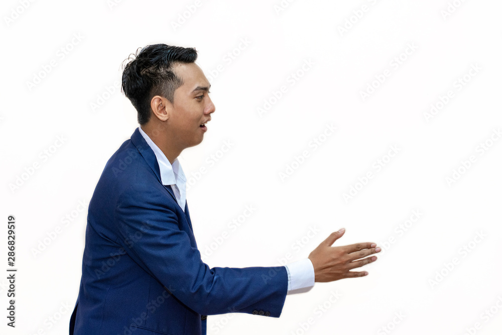 side view portrait of happy asian businessman in casual blue suit side view portrait of happy asian businessman in casual blue suit