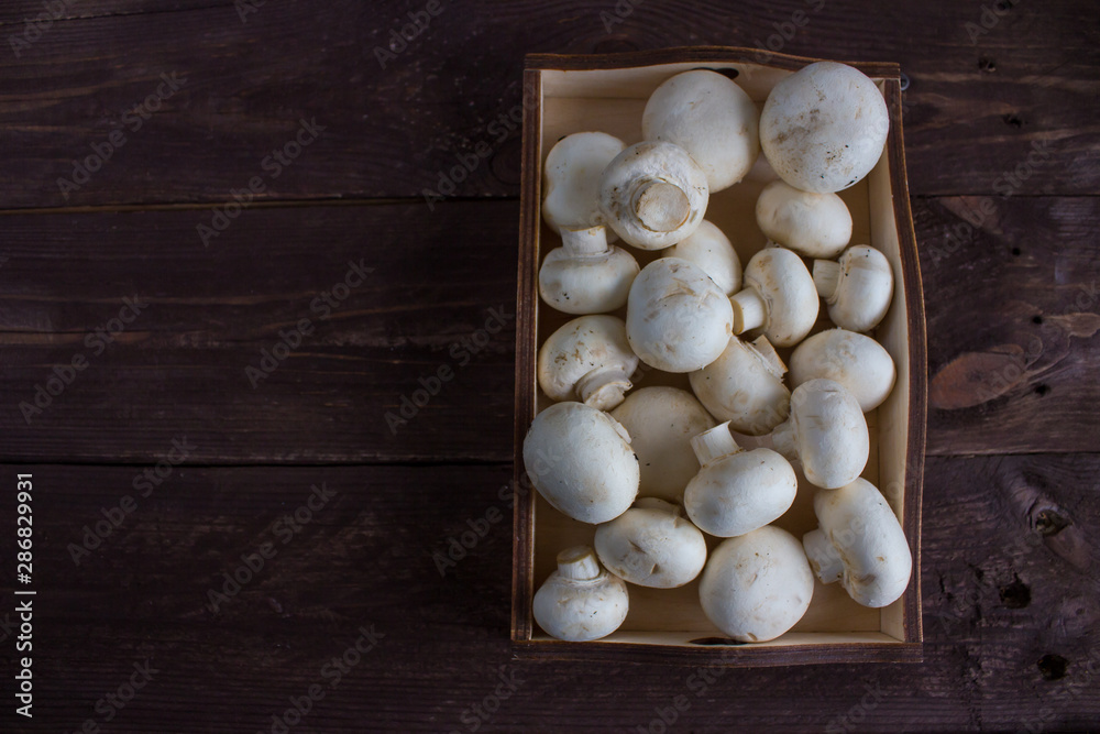 Champignon mushrooms in a wooden tray on a dark background Champignon mushrooms in a wooden tray on a dark background