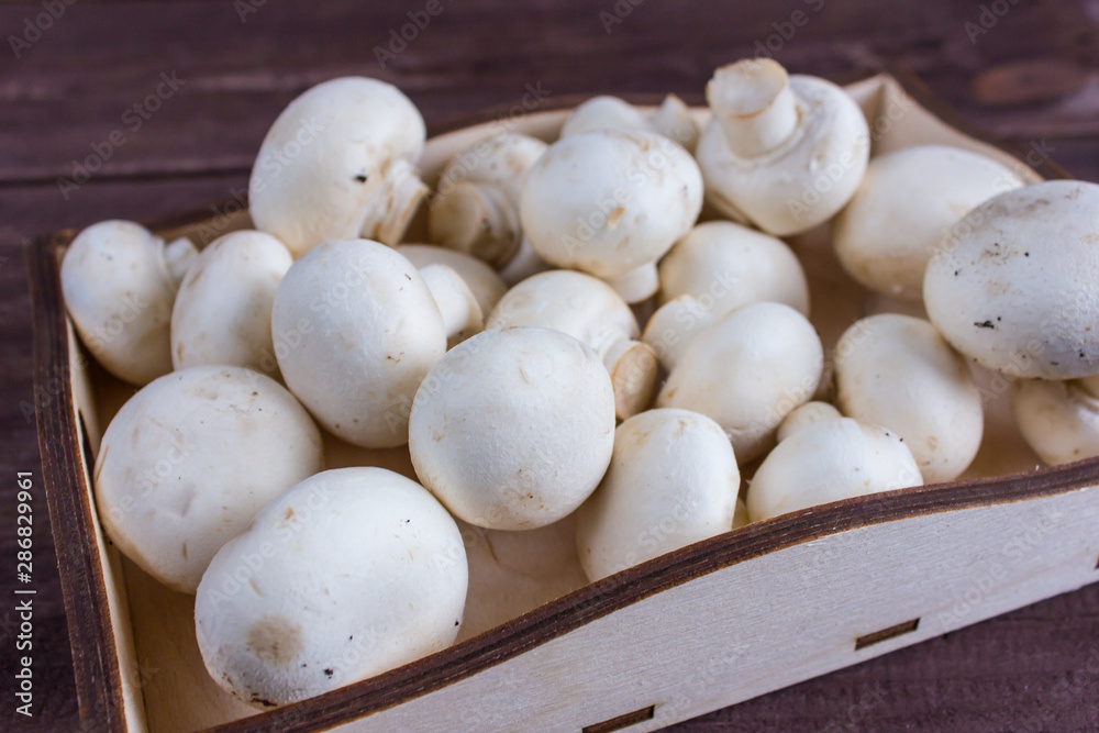 Champignon mushrooms in a wooden tray on a dark background Champignon mushrooms in a wooden tray on a dark background