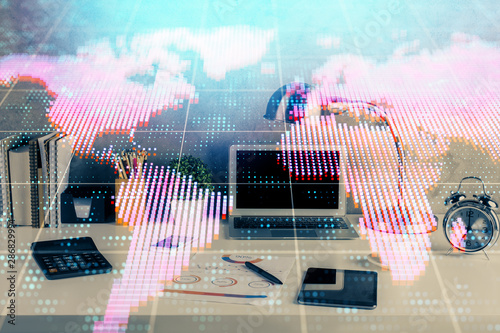 Double exposure of business theme icons and work space with computer background. Concept of success. © peshkova