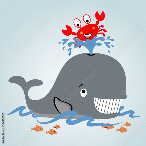 playing water with whale and crab, vector cartoon illustration